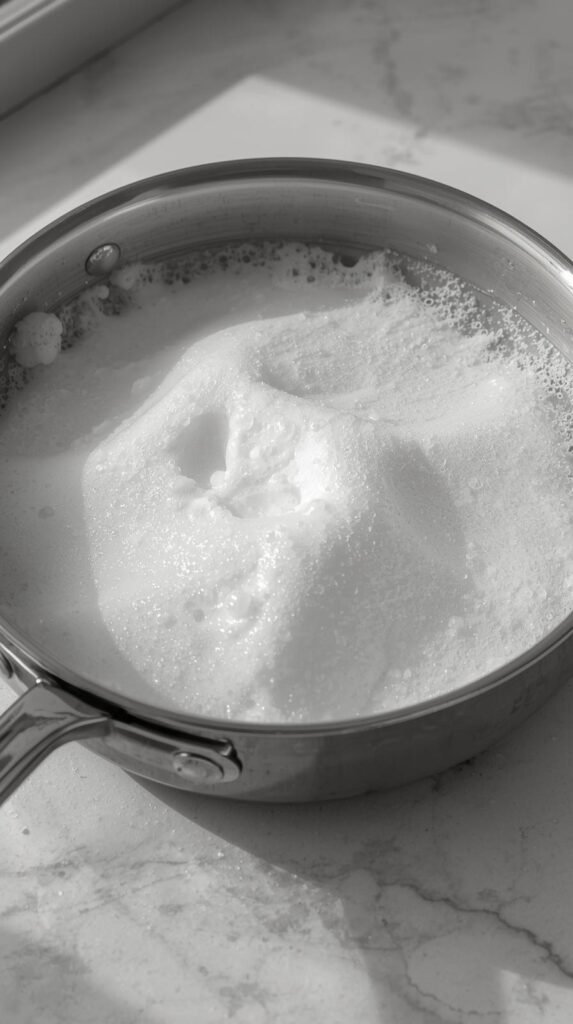 Stainless steel pan on countertop with bubbling vinegar and baking soda foam reaction, bright white foam.