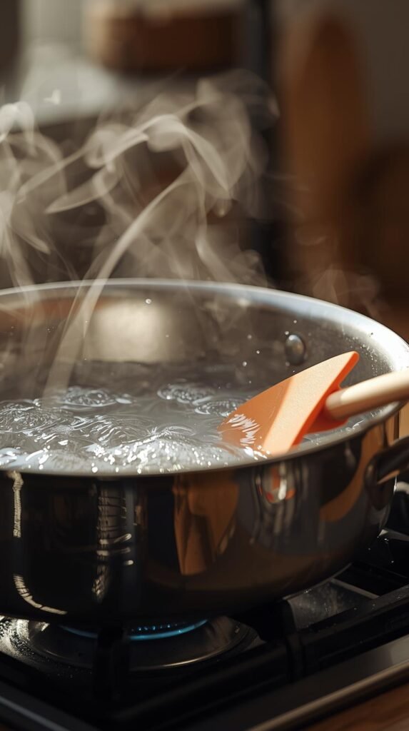 Stainless steel pan simmering on a stovetop with water inside and a silicone scraper nearby, light steam rising, warm kitchen lighting