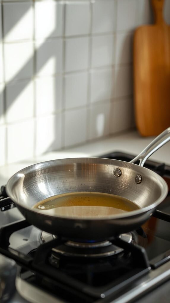 Stainless steel pan warming on stovetop with a small amount of shimmering oil, soft natural light, clean kitchen.