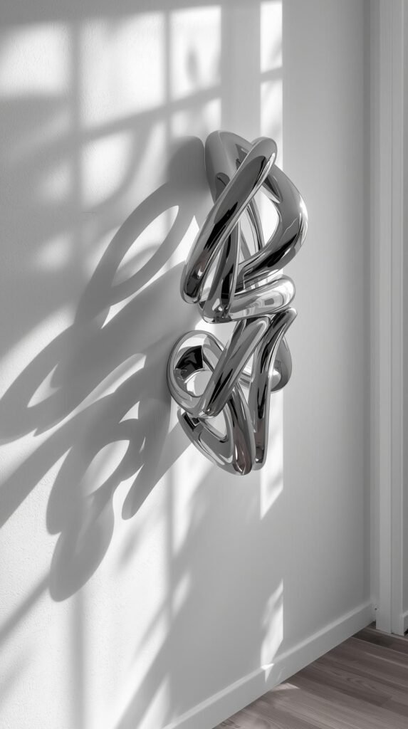 Statement chrome wall art with sculptural or geometric shapes mounted on a clean wall