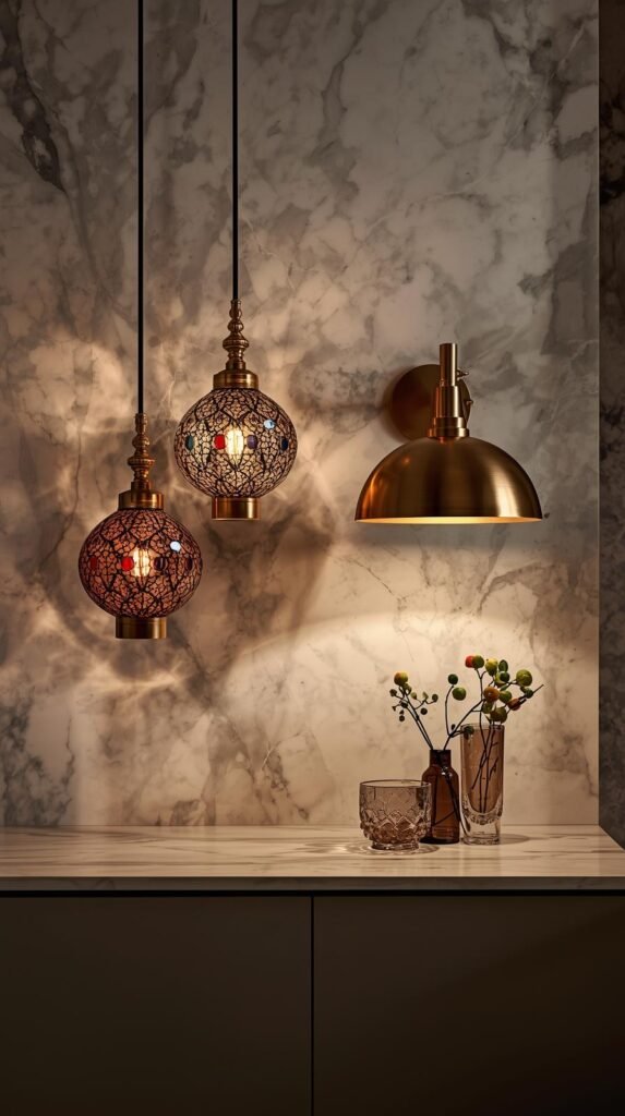Statement lighting vignette featuring sculptural pendant lights, colored glass shades, or oversized brass fixtures; dramatic shadows and soft highlights; marble or matte cabinetry backdrop.