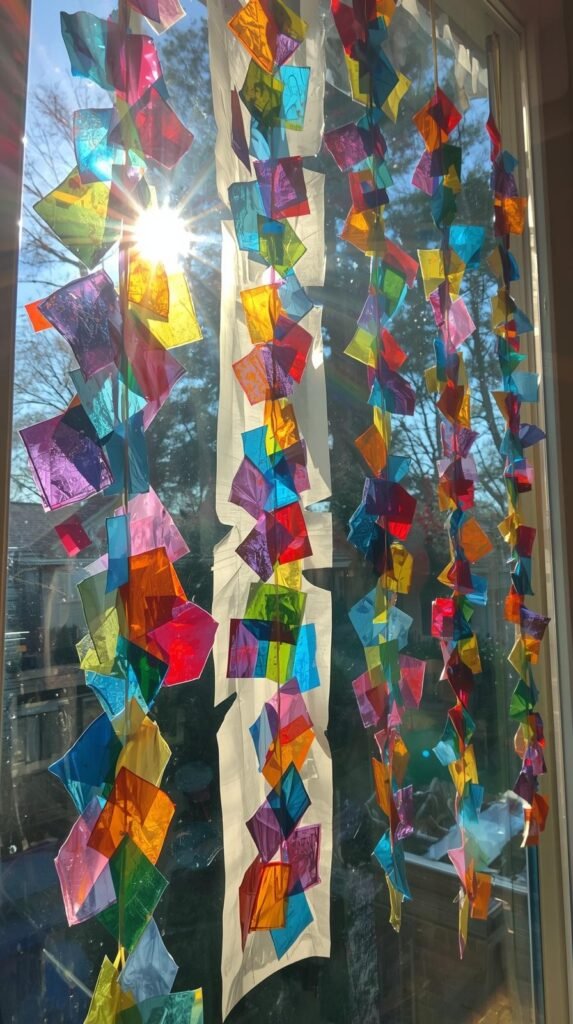 Suncatchers made from colorful tissue paper squares sealed in contact paper, hanging on a sunny window, light shining through rainbow colors.