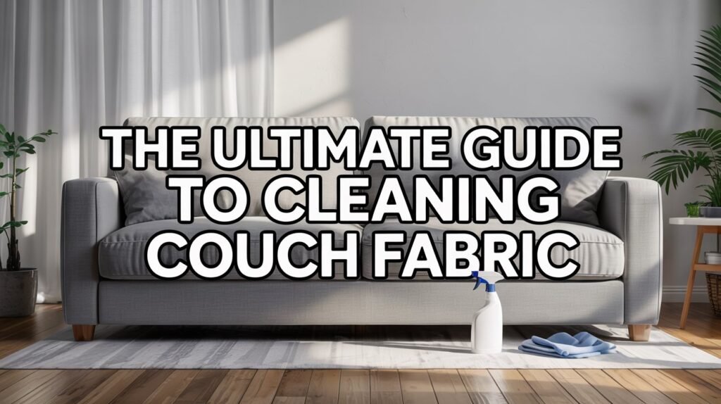photography. Fabric couch, no pillows. Cleaning supplies close by. Text Overlay in bold white font with outline The Ultimate Guide to Cleaning Couch Fabric