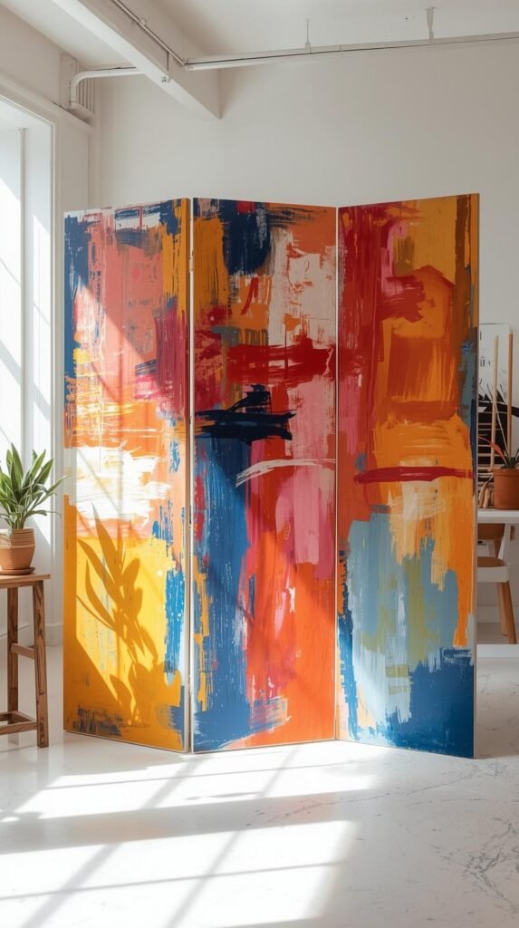 Three-panel painted canvas divider with abstract art in bold colors, bright creative studio setup.