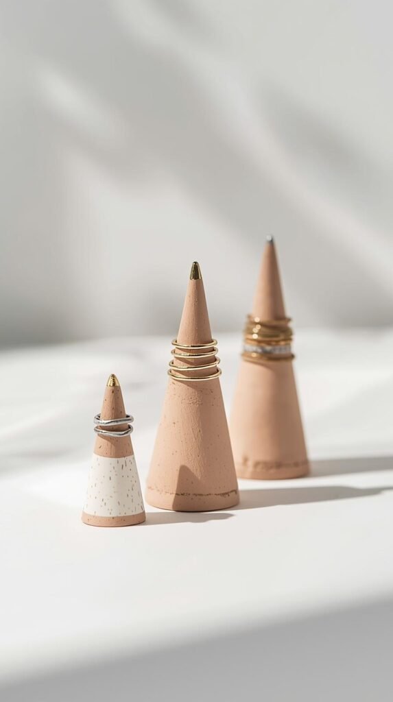 Tiny clay ring cones in varying heights, painted with metallic tips or speckled patterns. Displayed with rings stacked on them. 