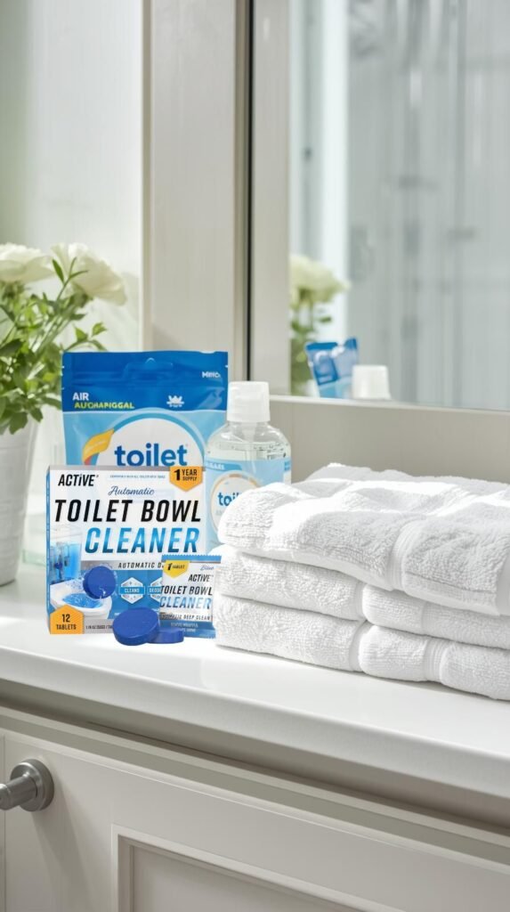 Bathroom lifestyle shot with toilet cleaning tablets, freshener drops, and microfiber towels - how to clean toilet.