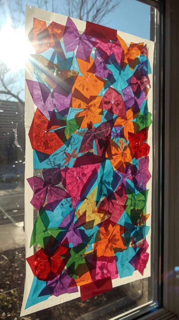Vibrant tissue-paper mosaic stuck onto contact paper and taped to a window, sunlight glowing through the translucent colors
