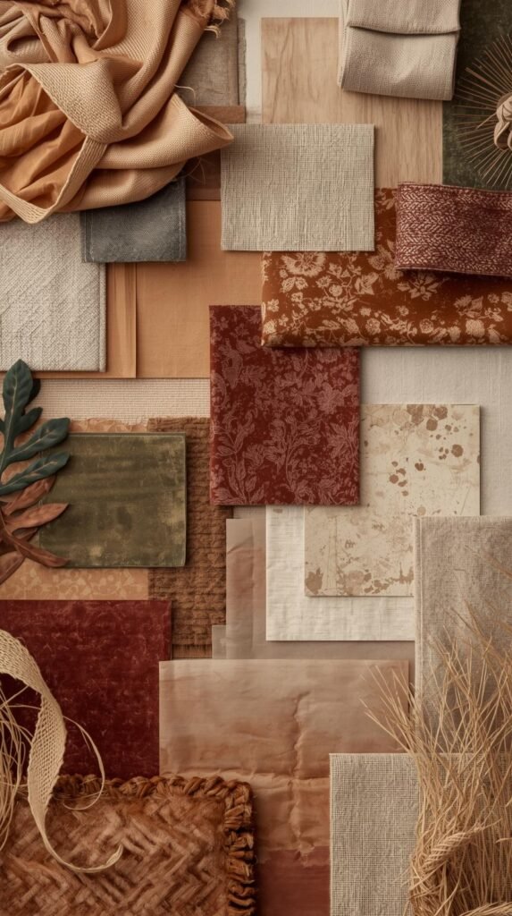 Vision board wall featuring fabric swatches, textured papers, velvet pieces, raffia ribbon, and metallic accents, arranged artfully.
