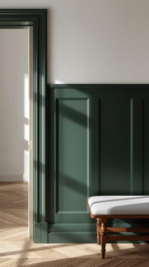 Wall with peel and stick board and batten trim painted in deep green, matte finish.