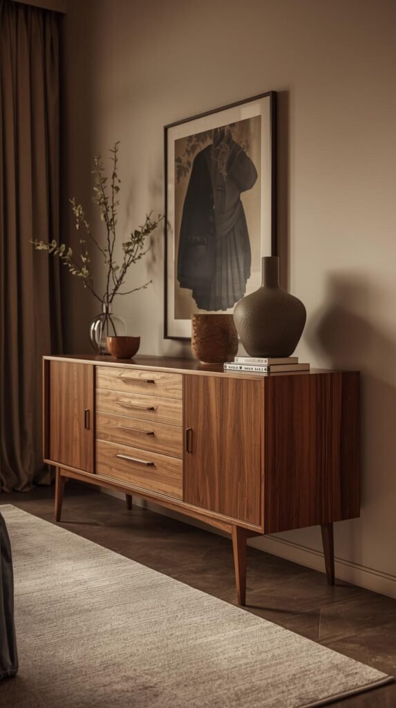 Walnut mid-century modern credenza with tapered legs, placed in a stylish living space