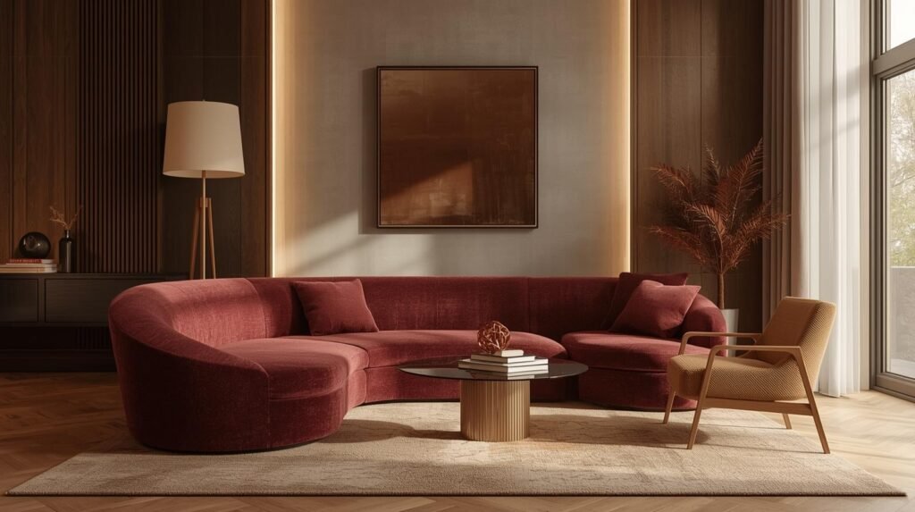Warm layered lighting, a burgundy boucle sculptural curved sofa as the focal point.