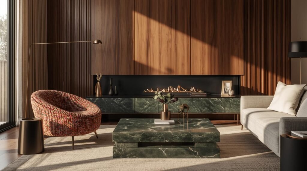 A stylish, modern living room showcasing 2026 interior design trends.