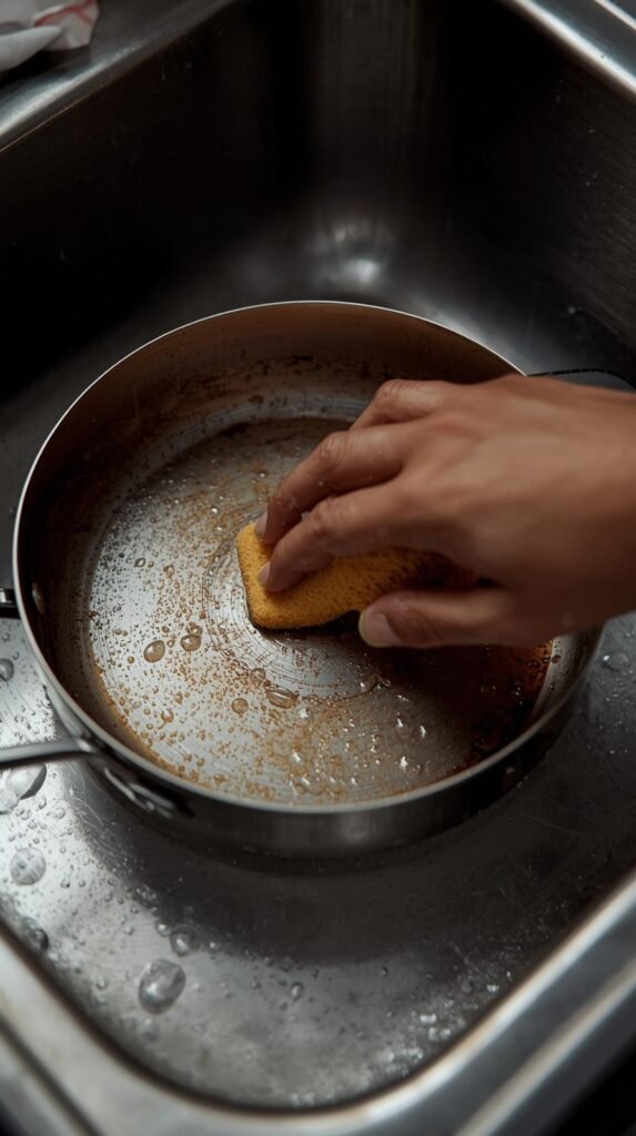 Stainless steel pan in a kitchen sink with warm soapy water, soft sponge gently cleaning the surface