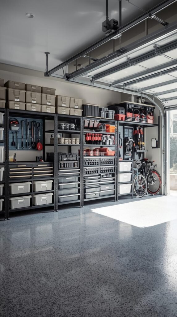 Well-organized garage with tall shelving, labeled bins, mounted tool rack, and sports gear neatly stored, concrete floor