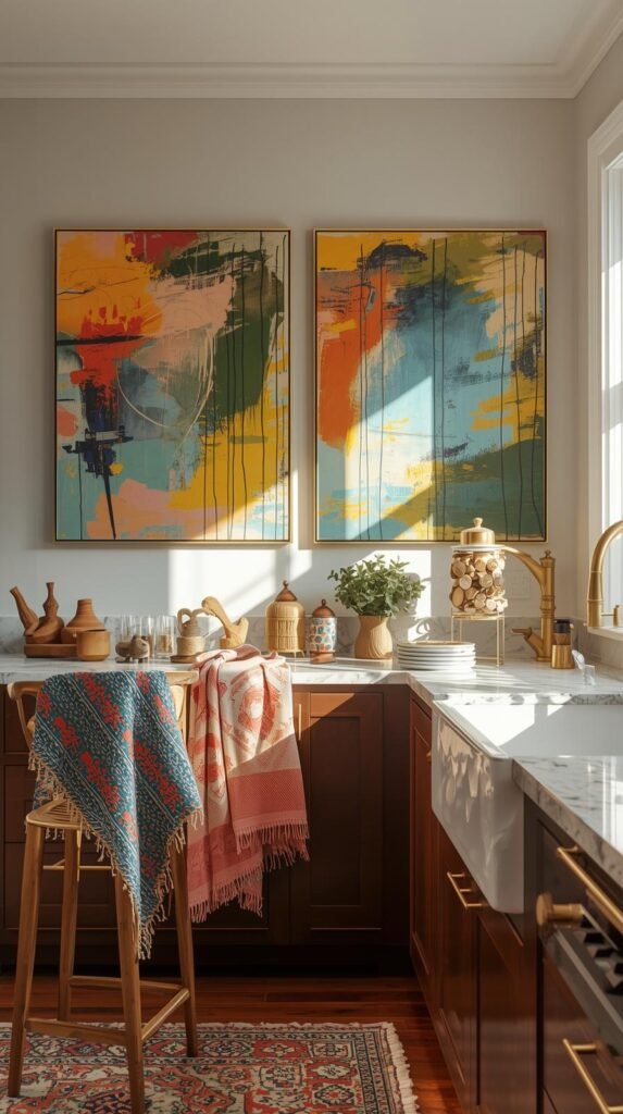 Whimsical eclectic kitchen vignette featuring bold colorful artwork, patterned textiles, playful accessories, and sculptural decor; vibrant pops of color against dark cabinetry; warm brass accents; natural sunlight; cheerful, artistic, modern eclectic vibe.