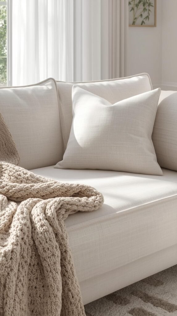 Wide shot of a fully cleaned, fresh, well-styled fabric couch with fluffed cushions, cozy throw blanket.