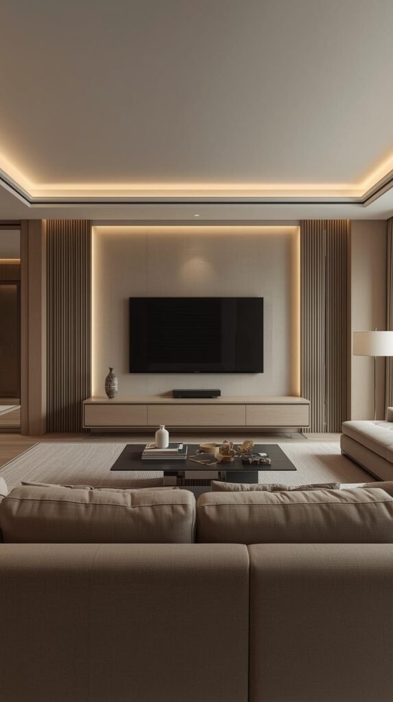 Wide shot of a fully styled living room featuring a framed TV wall as part of a cohesive design, neutral modern decor, layered textures.