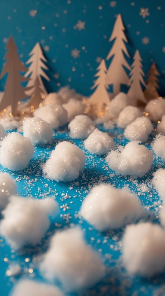 “Winter themed kid craft scene with cotton ball snow, glitter accents, and paper trees on blue construction paper.
