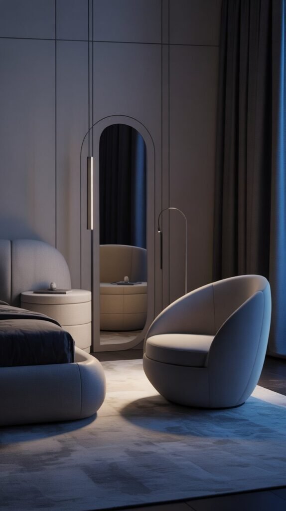 Modern moody bedroom featuring curved furniture, rounded nightstands, arched mirror, sculptural chair, soft silhouettes contrasting dark tones, elegant luxury bedroom aesthetic, clean editorial interior photography