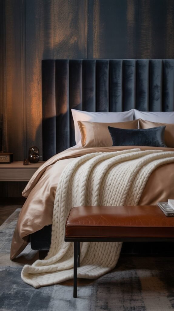 Modern luxury bedroom featuring layered textures, velvet headboard, matte linen sheets, silk duvet, chunky wool throw, leather bench at foot of bed, rich tonal palette, moody lighting, tactile surfaces, high-end editorial bedroom photography