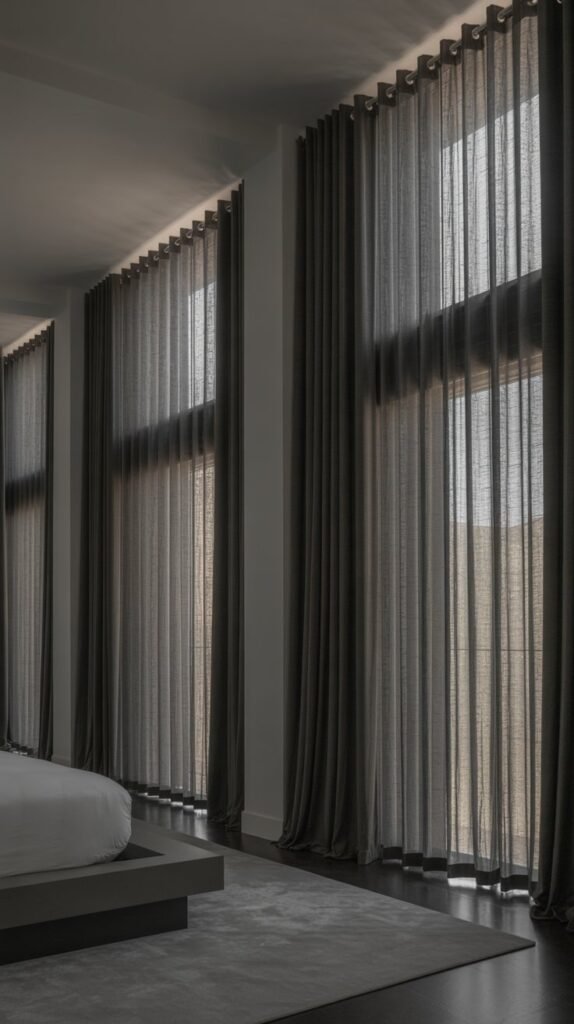 Modern luxury bedroom with floor-to-ceiling drapery, heavy textured curtains, layered blackout shades, tall ceilings emphasized, moody atmosphere, clean architectural lines, high-end interior photography