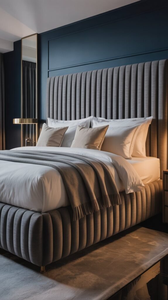 Statement bed in a modern luxury moody bedroom, tall upholstered headboard with vertical channel tufting, layered neutral bedding, strong architectural presence, dark refined palette, high-end hotel-inspired bedroom photography
