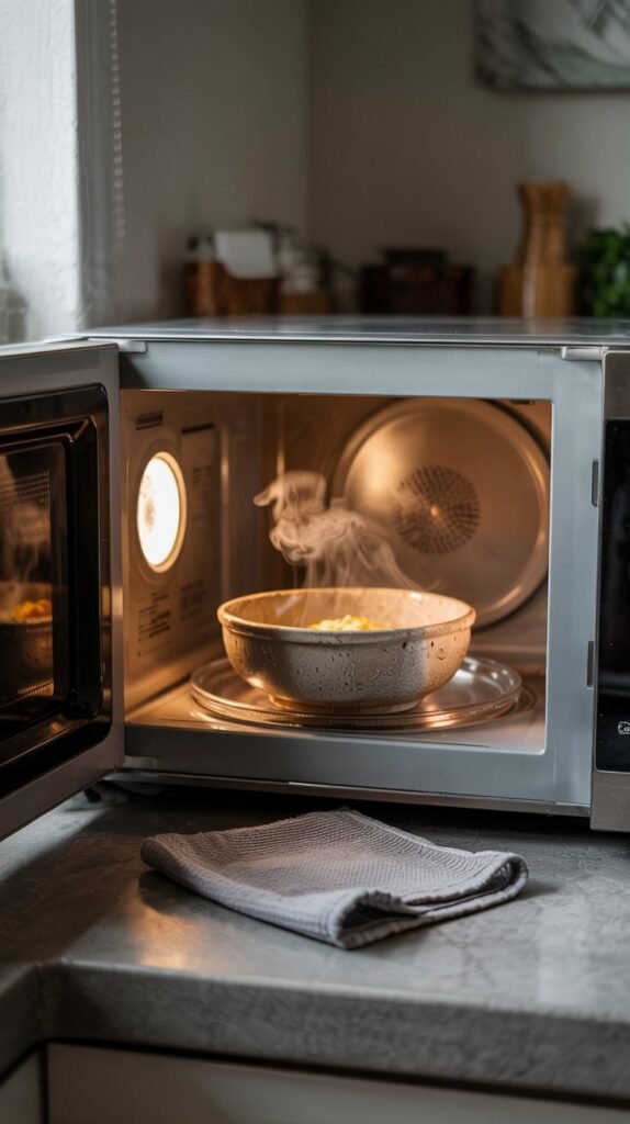 Minimal kitchen scene with a microwave, steaming bowl inside, microfiber cloth nearby.