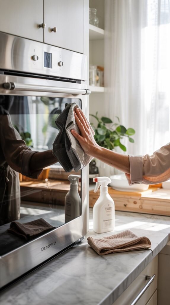 A bright, tidy kitchen scene with someone doing a quick weekly wipe on a stainless steel oven door. 