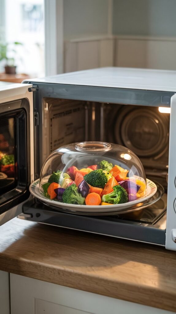 Round microwave splatter cover placed over plate of food inside a microwave, clean kitchen background