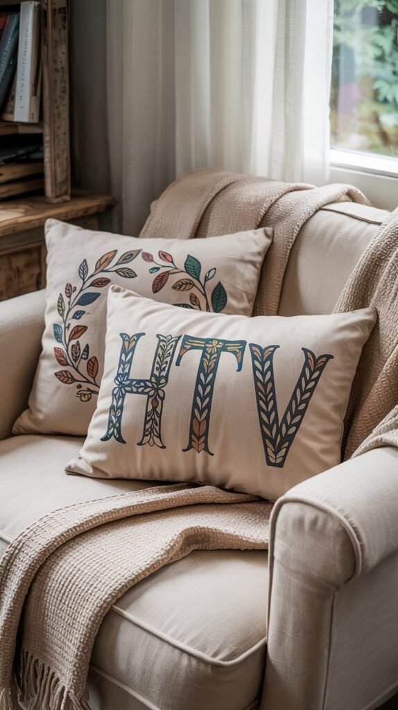 Throw pillow covers with HTV vinyl designs styled on a sofa or bed. Neutral or seasonal patterns.