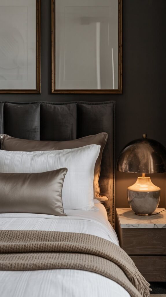 Luxury bedroom design vignette showing cohesive color palette, repeated textures, balanced proportions, modern moody styling, refined materials, interior design guide aesthetic, Pinterest editorial composition