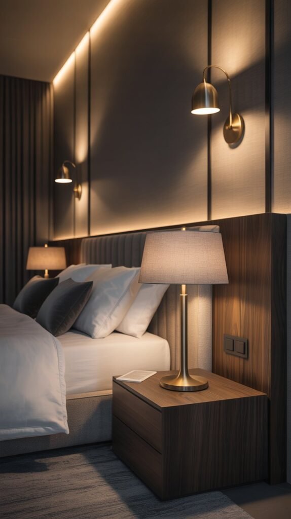 Luxury moody bedroom lighting design, warm wall sconces, dim bedside lamps, hidden LED accent lighting behind headboard, soft glow throughout room, intimate boutique hotel atmosphere, modern minimalist styling, dark neutral palette, editorial interior photography