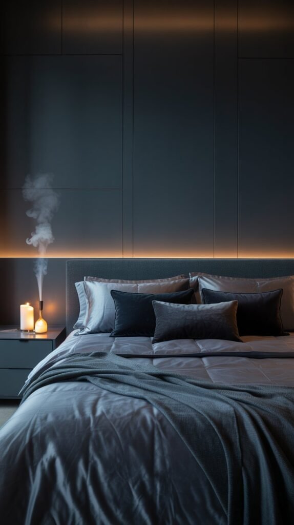 Modern luxury bedroom atmosphere with soft candle glow, minimal diffuser, hidden technology, cozy layered bedding, serene and indulgent mood, dark refined palette, editorial lifestyle interior photography