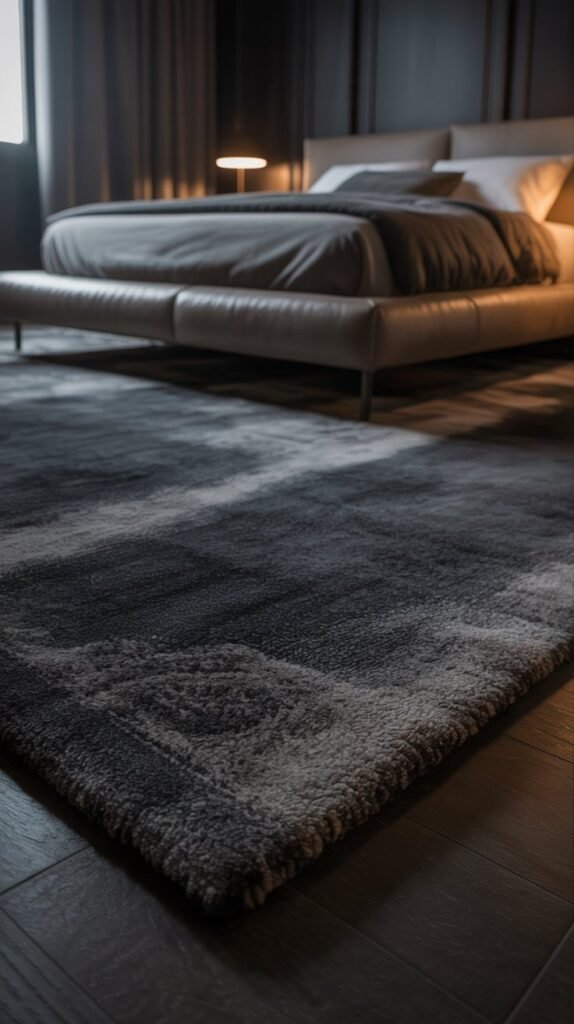 Dark moody bedroom with oversized plush area rug, wool or silk blend, subtle tonal pattern, layered beneath bed, soft warm lighting, refined luxury aesthetic, close-to-floor editorial bedroom photography