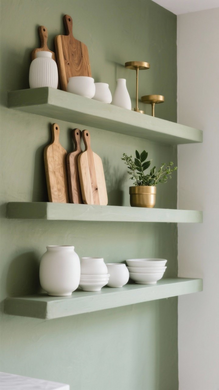 A closeup of styled open shelves against sage walls: white ceramics grouped in odd numbers, warm wood cutting boards layered at the back, a small brass accent, and a leafy potted herb adding life; limited palette of white, wood, green, and brass; soft side lighting to accent height variation and negative space.