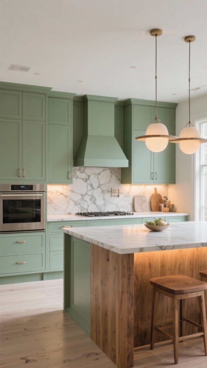 A concluding wide, lifestyle shot of a modern sage kitchen that feels fresh and classic: layered sage cabinetry, warm wood elements, clean lines, sculptural pendant lighting, and thoughtful stone materials; under-cabinet LEDs and warm bulbs creating a welcoming glow; no people, minimal styling, photorealistic finish.
