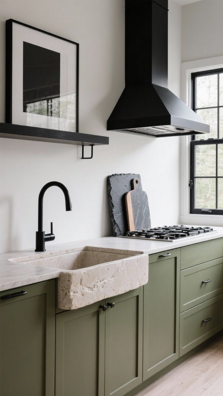 A dramatic medium shot with earthy black accents: matte black faucet over a pale stone sink set in sage cabinetry, slim black-framed window beyond, and a black range hood anchoring the cooktop wall; repeated black in a slim art frame and open shelf brackets; optional honed black soapstone prep board on the counter; balanced daylight for contrast and definition.