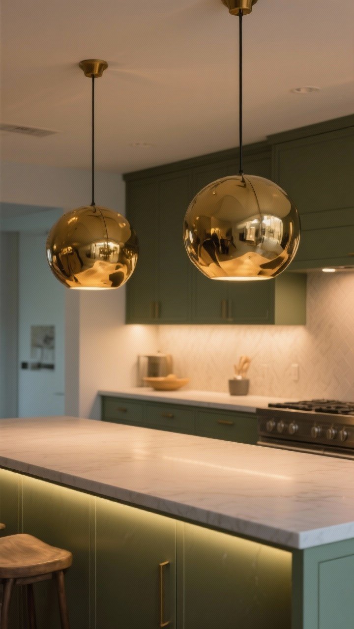 A medium shot over the kitchen island featuring statement lighting: two sculptural globe pendants in warm brass scaled to the island length, a matte sage island beneath; under-cabinet LED glow along the back wall and warm 2700–3000K bulbs setting a cozy tone; clean silhouettes and soft evening ambience.