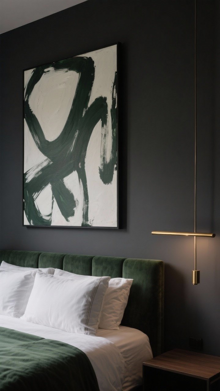 A medium straight-on shot of a dark, moody wall featuring one oversized abstract canvas with lots of negative space hung above the headboard; a slim brushed brass gallery light casts a gentle highlight across the artwork; the art’s tones echo the room’s palette with charcoal and forest green accents, framed in a thin black frame for a powerful, intentional focal point.