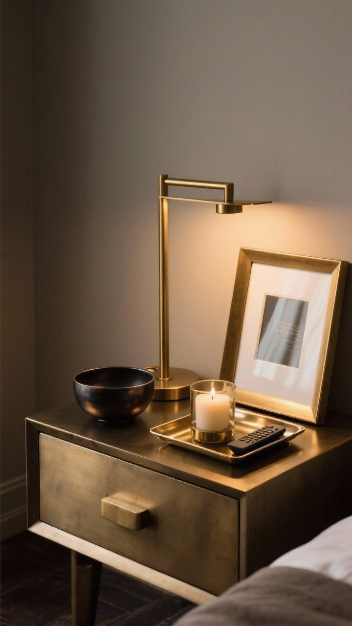 A medium vignette of a moody nightstand scene showing edited metals: dominant brushed brass repeated on a table lamp, thin picture frame, and a heavy modern drawer pull; a secondary blackened bronze accent appears in a small bowl for a 70/30 mix; a metal tray in brass corrals a candle and remote; the overall palette stays warm and cohesive, glowing softly under ambient lighting.