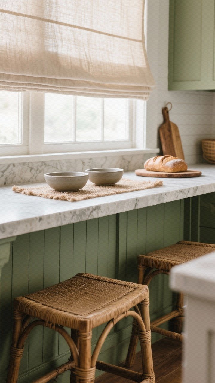 A styled vignette detail on the kitchen edge: rattan counter stools tucked under a sage island, an oatmeal linen roman shade filtering light over a jute runner; matte ceramic bowls and a rustic bread board arranged intentionally on a stone counter; soft, diffused daylight emphasizing natural fibers and texture.