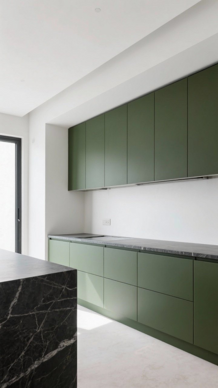 A wide shot of a two-tone kitchen: lower cabinets in rich sage, upper cabinets and adjacent wall in crisp white, creating an airy feel; a thin shadow line reveal under the uppers; dark honed stone countertop bridging light and dark; even daylight for clarity, with minimal styling to emphasize the architecture-mag vibe.