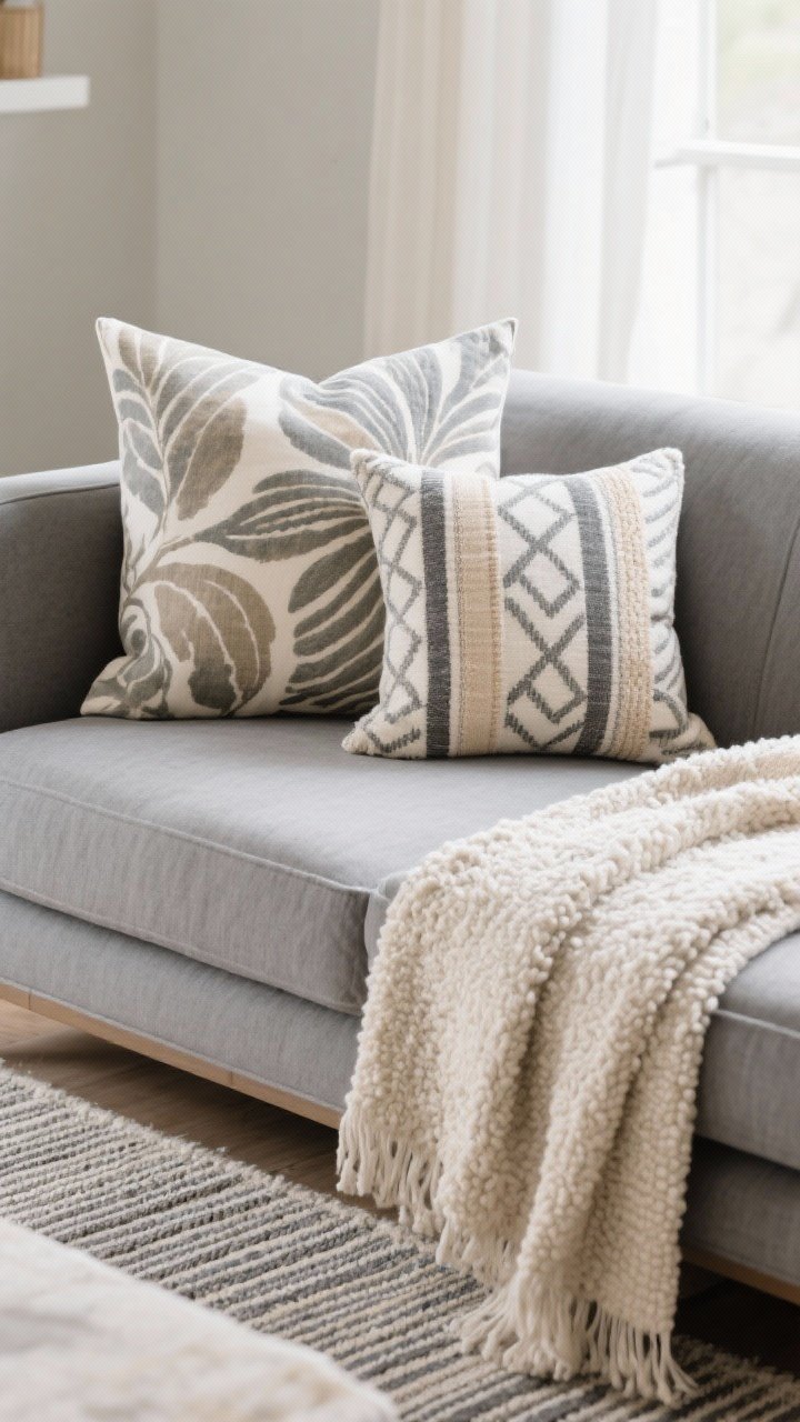 Closeup detail of pattern mixing on a grey couch: pillows and throws following the rules—one large-scale organic print in muted tones, one medium geometric, one small stripe; limit to 2–3 colors including neutrals (greys, creams, and a soft accent); add a textured solid boucle pillow as a pattern break. Show a hint of a subtle patterned rug below echoing a stripe motif. Soft diffuse daylight to reveal weaves and prints.