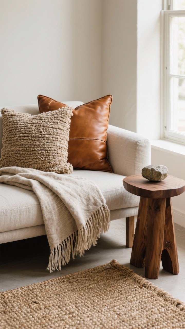 Detail closeup: A sofa corner vignette layering bouclé throw pillows against a caramel leather cushion, a textured linen throw draped casually (not folded) over the arm, and a wood side table topped with a small stone object; tactile surprise via a fringed pillow; flatweave rug layered over a larger jute rug beneath; soft, diffused window light emphasizing texture.