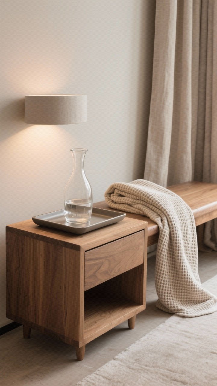 Detail closeup of quiet luxury moments: a wooden nightstand vignette with a carafe and glass on a slim tray, linen or cotton-linen blend curtains pooling slightly on the floor in the background, and a folded waffle-weave robe or throw draped over a wooden bench. Neutral, matte finishes, warm ambient light, refined and functional.