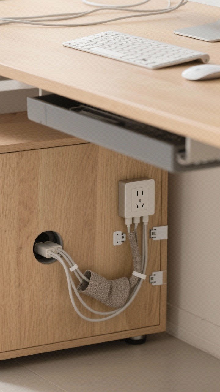 Detail closeup under desk: Invisible cable management—a mounted power strip beneath a light wood desktop, cables routed through a grommet into an under-desk cable tray, adhesive clips guiding cords, and a fabric cable sleeve. Wireless mouse and keyboard on top for fewer cords. Minimalist, tidy, photorealistic.