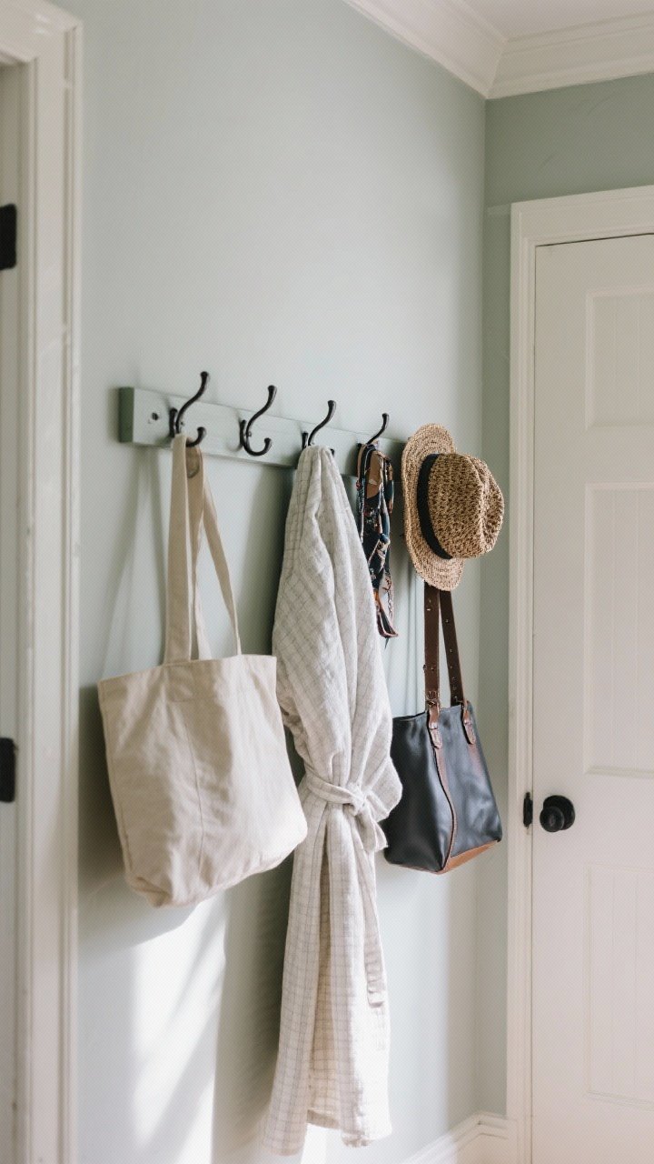 Detail/medium composite wall view: Hooks, pegs, and rails—Shaker-style peg rail in a muted painted tone along an entry corner with a curated selection of a robe, a tote, and a hat; behind-the-door matte black hooks with a single bag; interior closet wall hooks neatly holding belts and scarves. Matching hardware finishes for cohesion; cool daylight with gentle shadows; close attention to textures of woven hat, cotton robe, and leather belt.