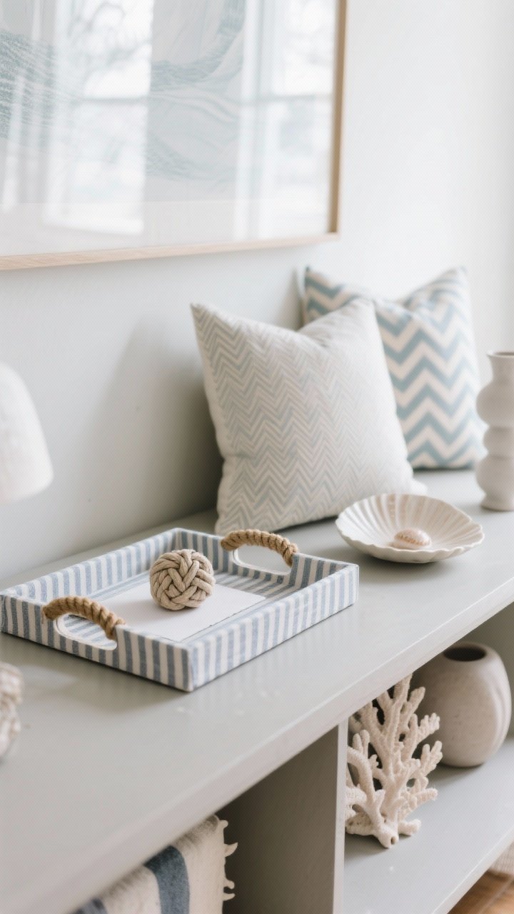 Detail vignette: Subtle nautical touches—rope-handled tray on a console, a simple knot paperweight, narrow ticking and Breton stripe textiles in soft hues, a herringbone accent pillow, and coral-inspired matte ceramic objects with a shell-shaped dish. Cool winter daylight, refined and understated, photorealistic, no people.
