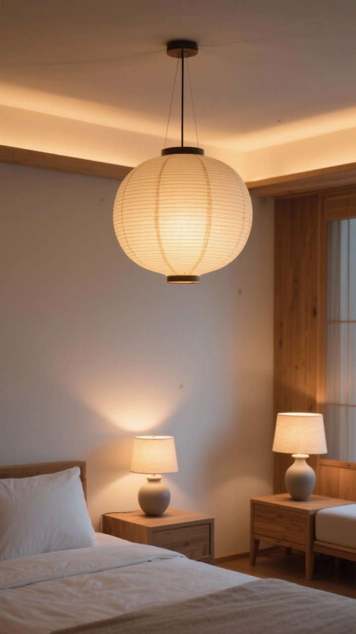 Evening ambiance medium-wide shot focusing on layered lighting: a lantern-style rice-paper pendant overhead (2700–3000K), dimmable warm glow, sculptural matte ceramic table lamps on nightstands, and subtle wall wash. The room is serene with warm whites and wood tones; no harsh light sources. Paper lanterns add classic Japandi calm.