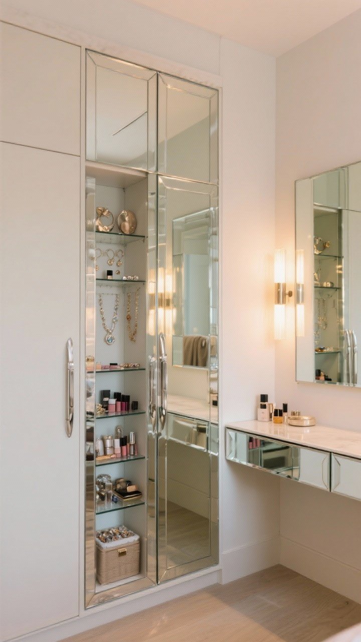 Medium-close shot of mirror storage: Full-length armoire-style mirror cabinet hinged open to show organized jewelry, makeup, and accessories behind the glass; adjacent shallow mirrored wardrobe reflecting light and expanding the space; a small vanity mirror with a slender ledge holding daily essentials. Warm LED sconces flank the mirror, casting flattering light; chrome and glass details, pale walls, photorealistic.